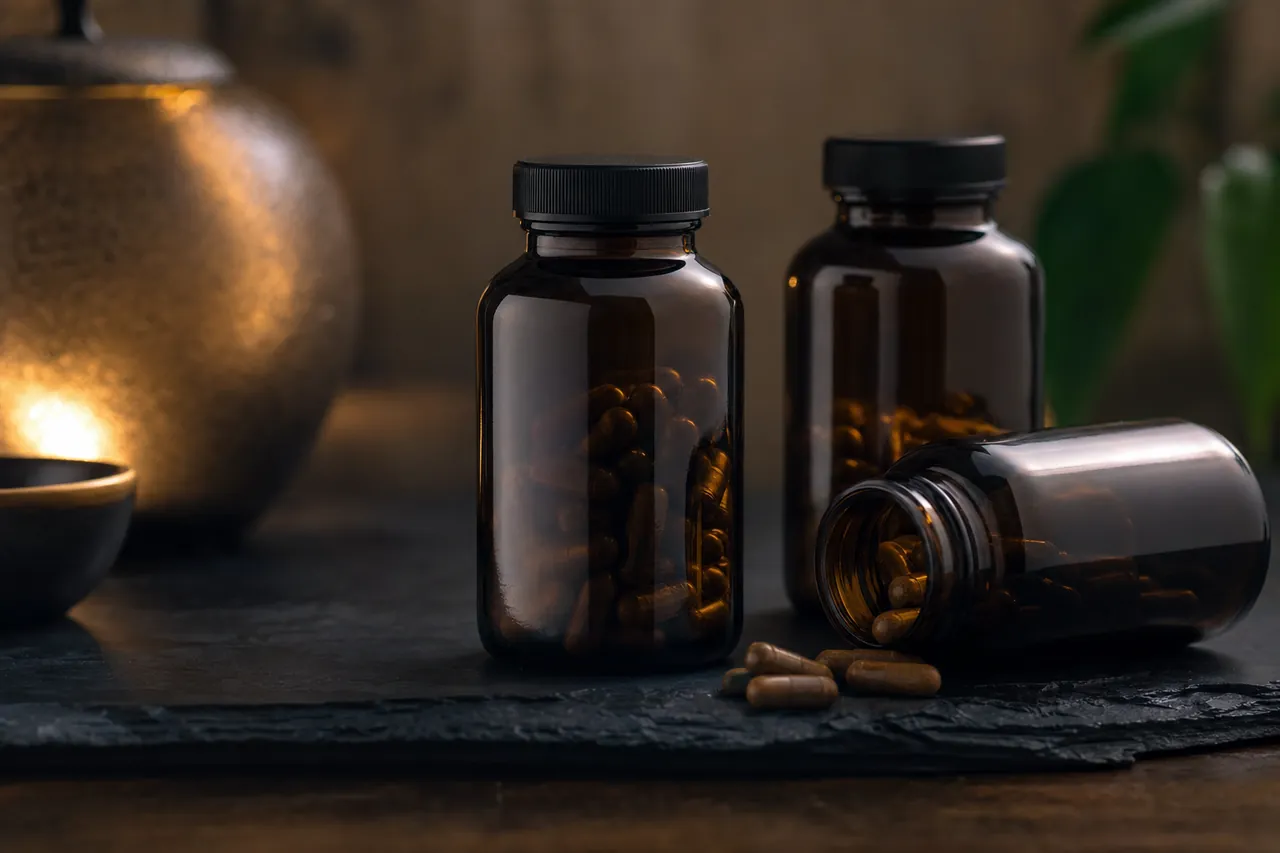 Supplement flat lay on dark slate with warm directional lighting